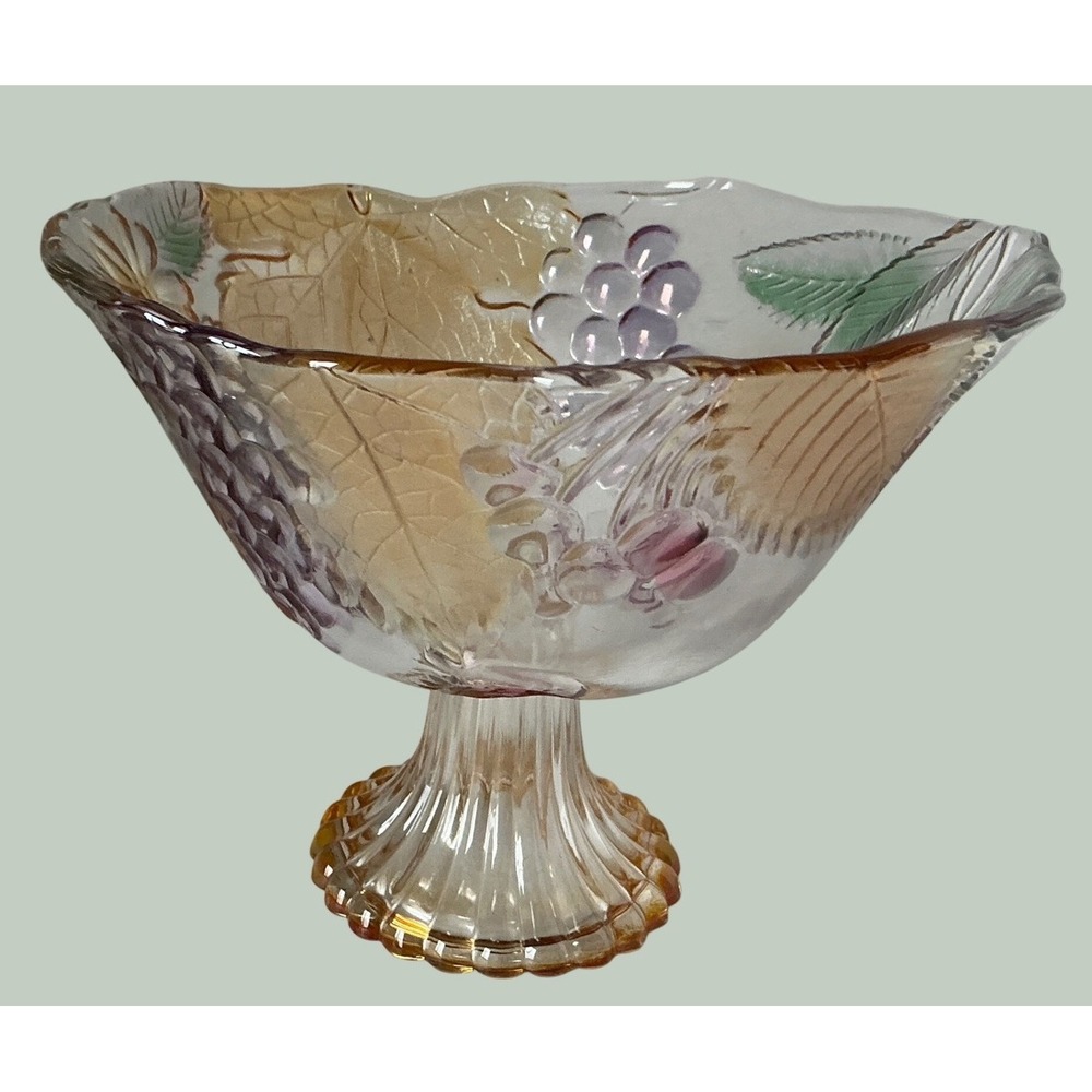 Vintage Glass Compote Pedestal Bowl Embossed Grapes Leaves Berries 7 Inch Fruit